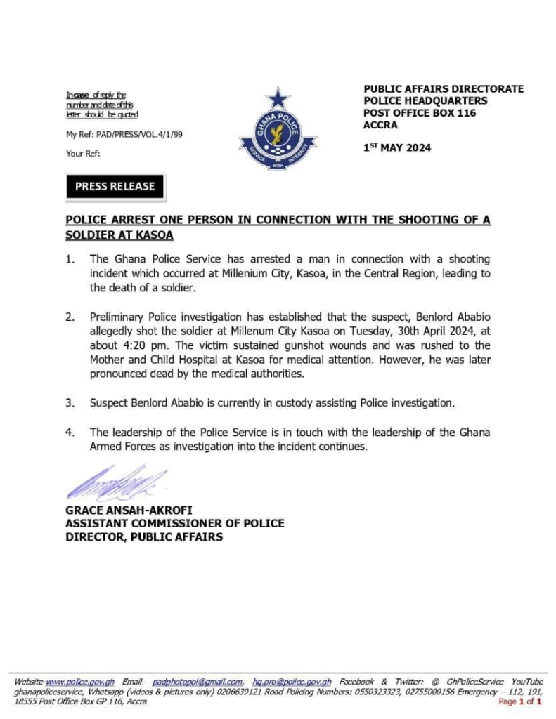 image - Accra Daily Post A statement of police arresting one person in connection with the shooting of a soldier at kasoa