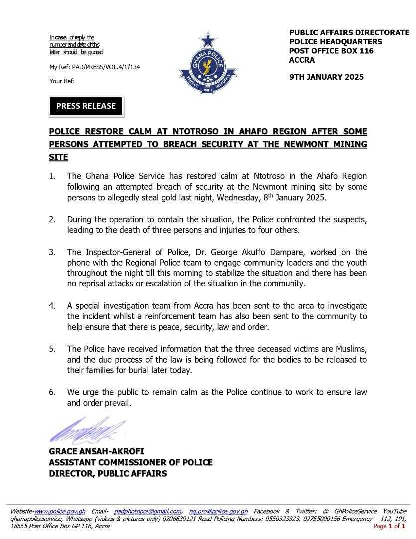 image - Accra Daily Post Police Statement; Three Killed in Clash with Police Over Gold Theft Attempt