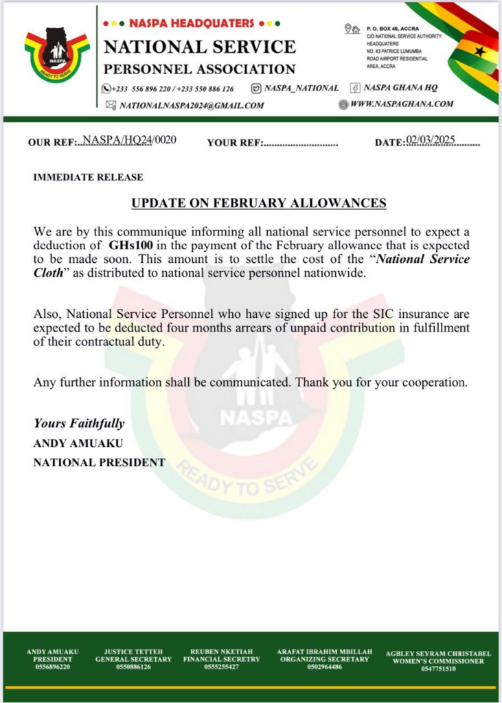 NSS to deduct Ghc100 for service cloth - Accra Daily Post NSS to deduct Ghc100 for service cloth