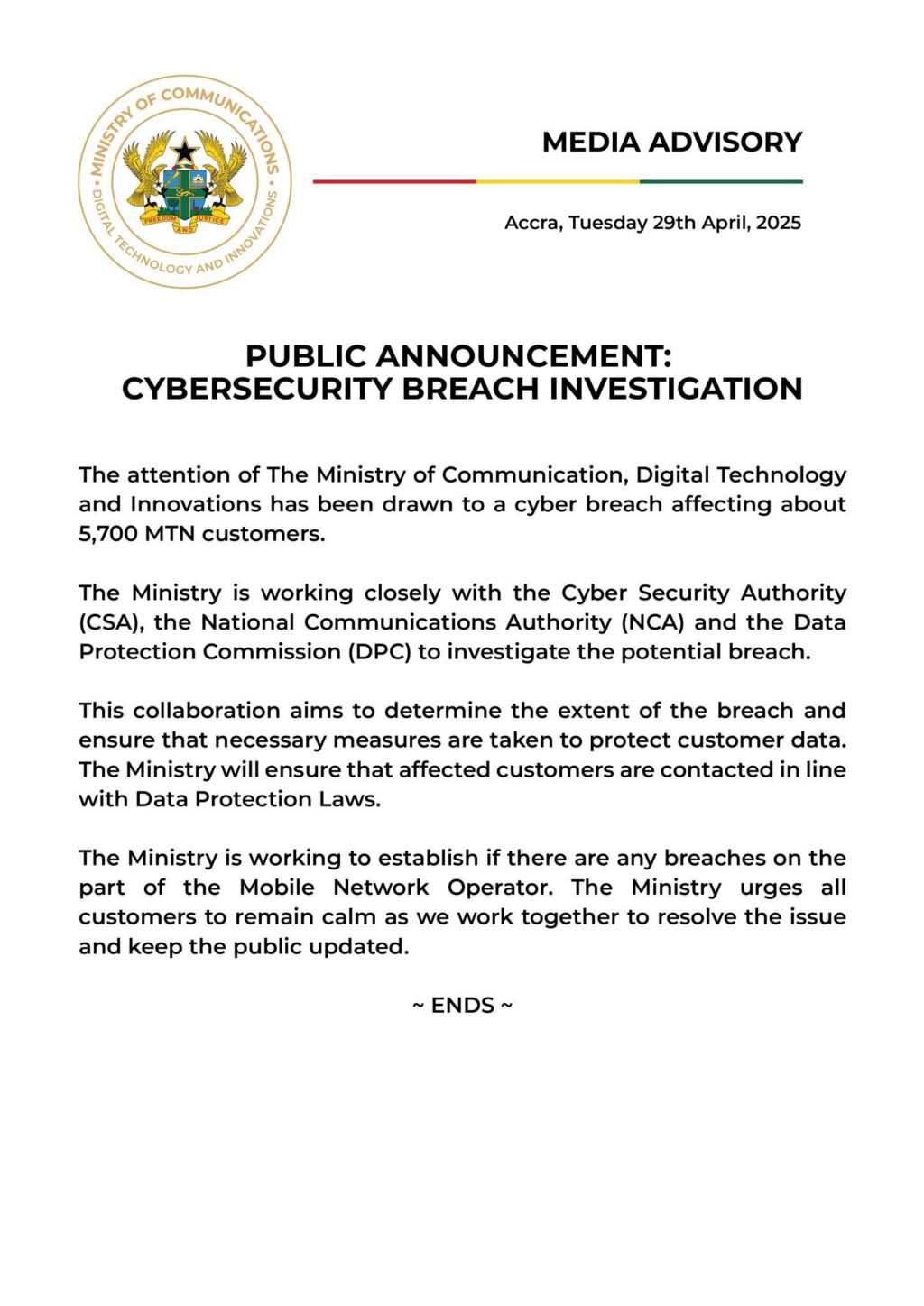 Ministry of Communication Statement on MTN Cybersecurirty Breach - Accra Daily Post Ministry of Communication Statement on MTN Cybersecurirty Breach